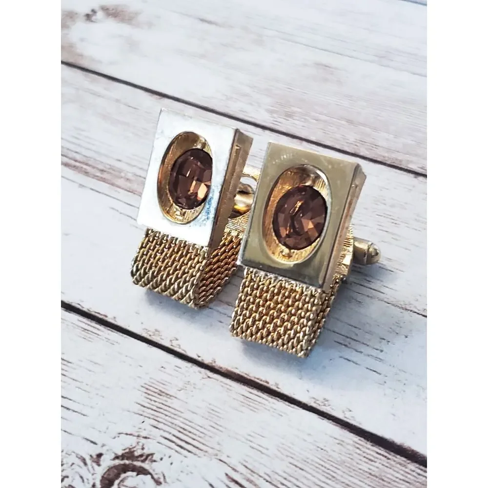 Vintage Cufflinks - Gold Tone & Amber Tone Gem